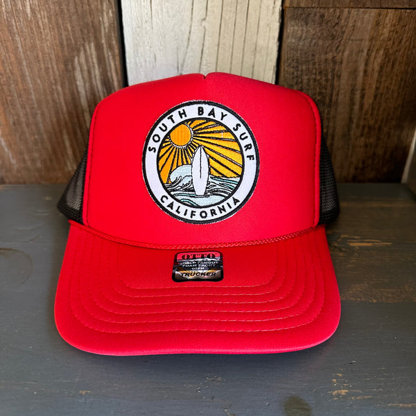 SOUTH BAY SURF (Multi Colored Patch) High Crown Trucker Hat - Red/Black