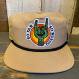 Khaki snapback hat made of nylon/cotton blend with a cactus patch; ideal for casual wear.
