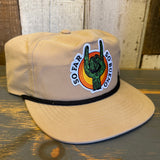 Khaki snapback hat with rock sign patch, made of nylon/cotton blend. Casual style suitable for everyday use.