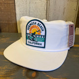 White nylon/cotton blend hat with retro surfer patch; designed for everyday sun protection and casual wear.