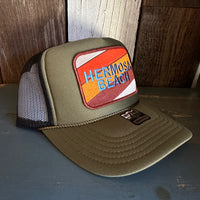 Hermosa Beach GOLF CARTS & YOGA PANTS High Crown Trucker Hat - Olive/Black (Curved Brim)