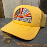 Sunset yellow foam trucker cap with a sunburst patch and mesh back, ideal for sunny outdoor use.