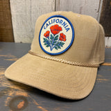 Khaki corduroy baseball cap, 100% cotton, gold rope brim, poppy patch; casual headwear.