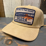 Khaki corduroy cap featuring an ocean pier patch and 90254 text, suitable for casual outdoor wear.