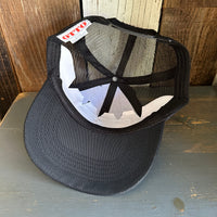 Hermosa Beach SURF HERMOSA :: OPEN DAILY - 5 Panel Mid Profile Trucker Hat - Black