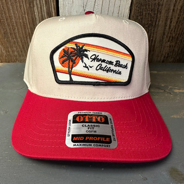 Hermosa Beach RETRO SUNSET 5 Panel Mid Profile Baseball Cap - Red/Khaki