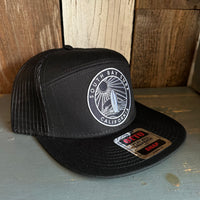 SOUTH BAY SURF (Navy Colored Patch) 7 Panel Mid Profile Trucker Snapback Hat - Black