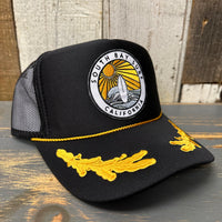 SOUTH BAY SURF (Multi Color Patch) 5 Panel High Crown Mesh Back Captain Trucker Hat- Black/Gold
