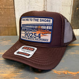 Brown high crown trucker hat with mesh back, cotton front, and embroidered 90254; ideal for beach outings.