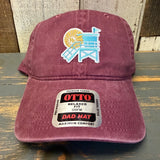 Maroon 6-panel cotton dad hat with lifeguard tower and sun patch, OTTO relaxed fit sticker, casual everyday wear.