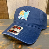 Navy blue low profile dad hat with LIFEGUARD TOWER design, cotton material, shown on rustic wood surface.