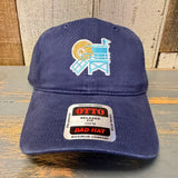 Navy blue cotton dad hat with lifeguard tower and sun patch, ideal for casual outdoor use.
