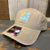Khaki 6-panel cotton dad hat with lifeguard tower patch and sticker on the brim.
