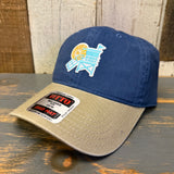 Navy blue and khaki dad hat with a colorful lifeguard tower patch on the front, suitable for casual wear.