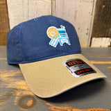 Navy blue and khaki dad hat with embroidered colorful lifeguard tower design on the front, suitable for casual wear.