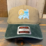 Dark green and khaki low-profile dad hat with LIFEGUARD TOWER design; relaxed fit, brim sticker present.