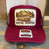 Maroon trucker hat with a graphic of a van and mountains.