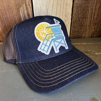 Hermosa Beach LIFEGUARD TOWER Premium Denim Trucker Hat - Navy/Gold Stitching