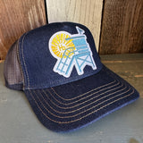 Hermosa Beach LIFEGUARD TOWER Premium Denim Trucker Hat - Navy/Gold Stitching