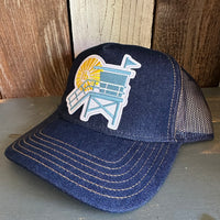 Hermosa Beach LIFEGUARD TOWER Premium Denim Trucker Hat - Navy/Gold Stitching