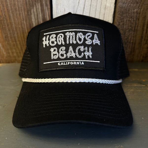 Hermosa Beach ROPER 5 panel Rope Trucker Cap - Black/White Braid (Curved Brim)