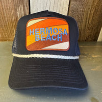 Hermosa Beach GOLF CARTS & YOGA PANTS 5 panel Rope Trucker Cap - Navy/White Braid (Curved Brim)