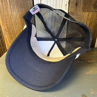 Hermosa Beach NORTH OF PIER LIFEGUARD TOWER 5 panel Rope Trucker Cap - Navy/White Braid (Curved Brim)