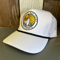 SOUTH BAY SURF (Multi Colored Patch) 5 panel Cotton Mesh Trucker, Rope cap - White/Black Braid
