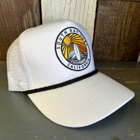 SOUTH BAY SURF (Multi Colored Patch) 5 panel Cotton Mesh Trucker, Rope cap - White/Black Braid