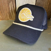 Hermosa Beach NORTH OF PIER LIFEGUARD TOWER 5 panel Rope Trucker Cap - Navy/White Braid (Curved Brim)
