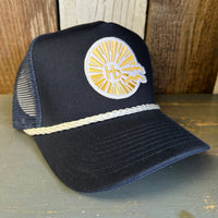 Hermosa Beach NORTH OF PIER LIFEGUARD TOWER 5 panel Rope Trucker Cap - Navy/White Braid (Curved Brim)