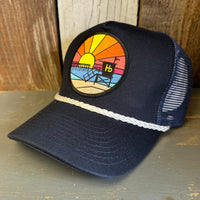 Hermosa Beach OBLIGATORY SUNSET 5 panel Rope Trucker Cap - Navy/White Braid (Curved Brim)