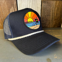 Hermosa Beach OBLIGATORY SUNSET 5 panel Rope Trucker Cap - Navy/White Braid (Curved Brim)