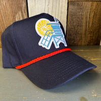 Hermosa Beach NORTH OF PIER LIFEGUARD TOWER 5 Panel Golf, Rope caps - Navy/Red Braid (Curved Brim)