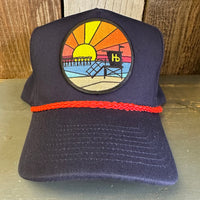 Hermosa Beach OBLIGATORY SUNSET 5 Panel Golf, Rope caps - Navy/Red Braid (Curved Brim)