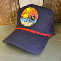 Hermosa Beach OBLIGATORY SUNSET 5 Panel Golf, Rope caps - Navy/Red Braid (Curved Brim)