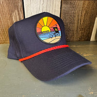 Hermosa Beach OBLIGATORY SUNSET 5 Panel Golf, Rope caps - Navy/Red Braid (Curved Brim)