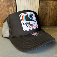 SURF VENICE BEACH :: OPEN DAILY High Crown Trucker Hat - Black (Curved Brim)