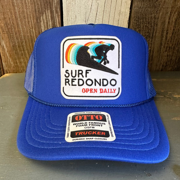 SURF REDONDO BEACH :: OPEN DAILY High Crown Trucker Hat - Royal Blue (Curved Brim)