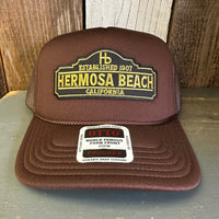 Hermosa Beach ARE YOU ESTABLISHED? High Crown PREMIUM Trucker Hat - Brown (Curved Brim)