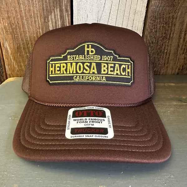 Hermosa Beach ARE YOU ESTABLISHED? High Crown PREMIUM Trucker Hat - Brown (Curved Brim)
