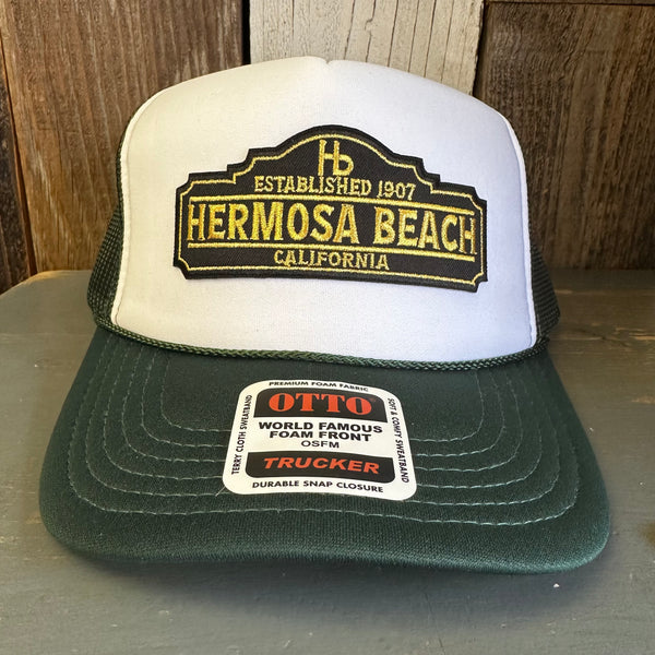 Hermosa Beach ARE YOU ESTABLISHED? High Crown Trucker Hat (Dark Green/White)