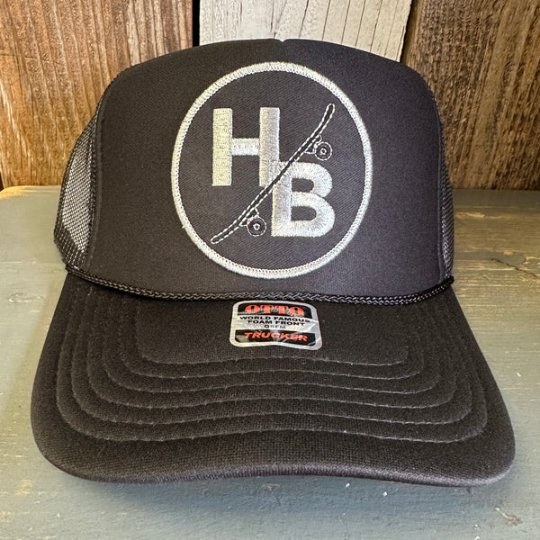 Hermosa Beach SKATEBOARDING WAS NEVER A CRIME High Crown Trucker Hat - Black (Curved Brim)