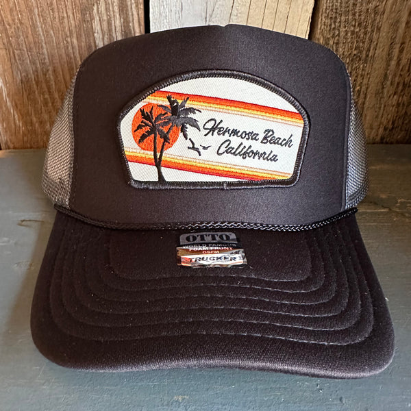 Hermosa Beach RETRO SUNSET High Crown Trucker Hat - Black/Charcoal/Black (Curved Brim)