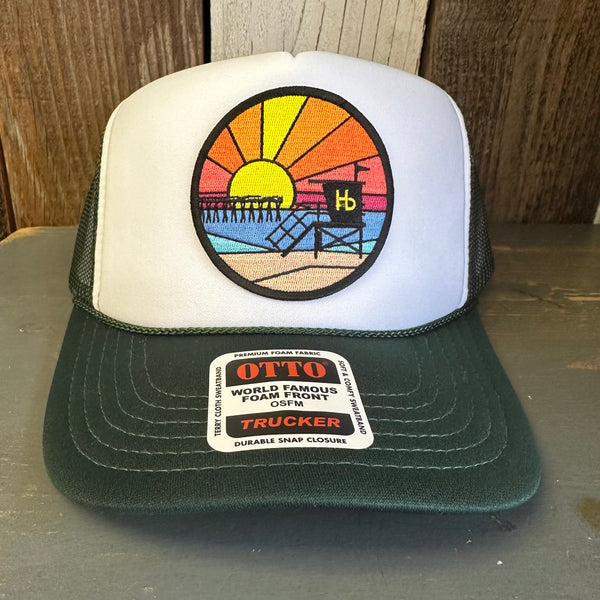 Hermosa Beach OBLIGATORY SUNSET High Crown Trucker Hat - Dark Green/White