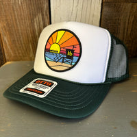 Hermosa Beach OBLIGATORY SUNSET High Crown Trucker Hat - Dark Green/White