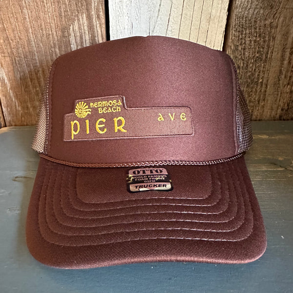 Hermosa Beach PIER AVE High Crown Trucker Hat - Brown