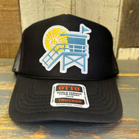 Hermosa Beach LIFEGUARD TOWER :: North of Pier - High Crown Trucker Hat - Black (Curved Brim)
