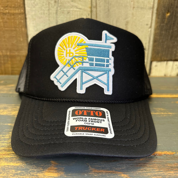 Hermosa Beach LIFEGUARD TOWER :: North of Pier - High Crown Trucker Hat - Black (Curved Brim)