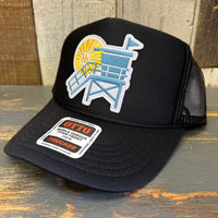 Hermosa Beach LIFEGUARD TOWER :: North of Pier - High Crown Trucker Hat - Black (Curved Brim)